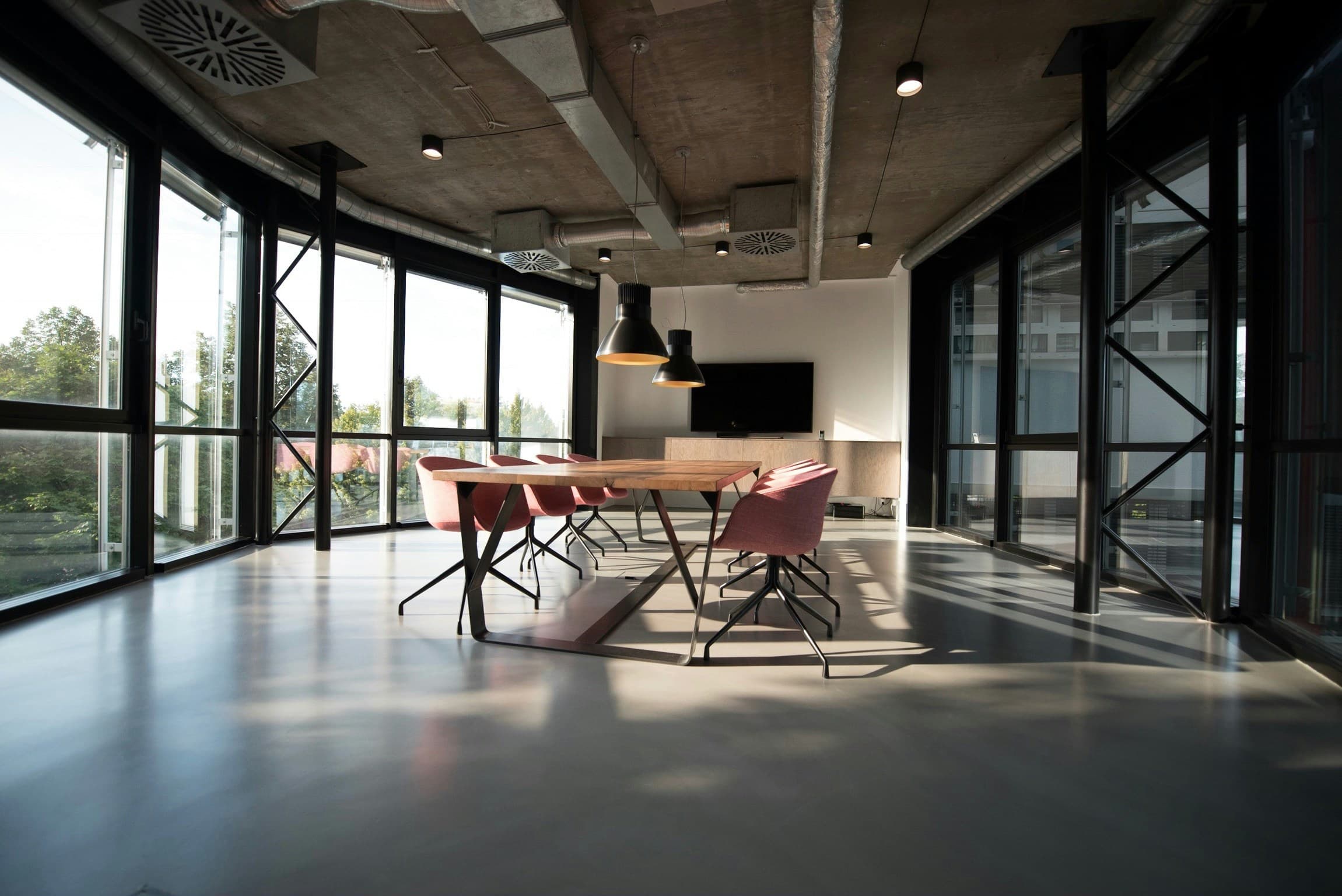 A workspace overlooking a city skyline.